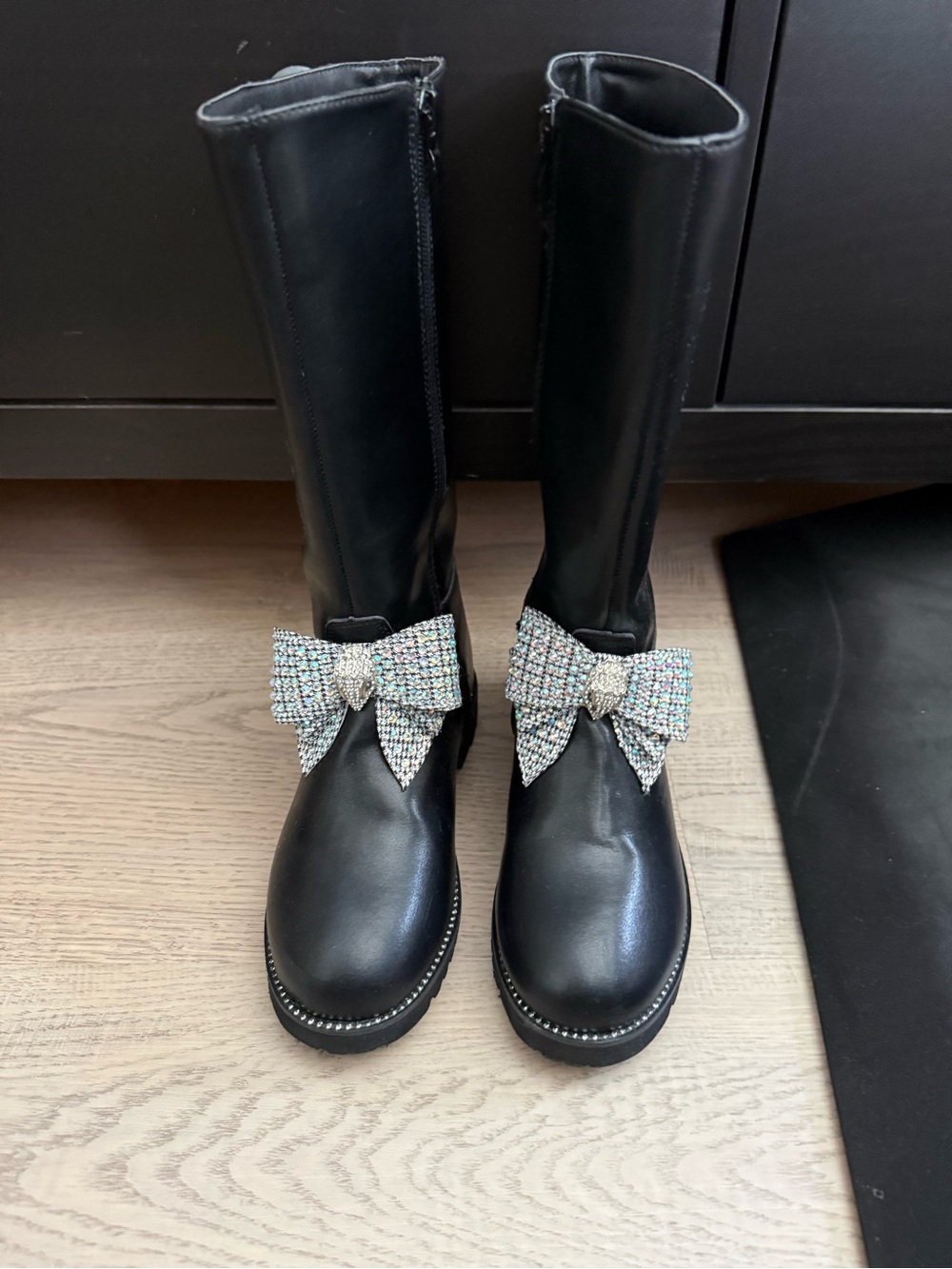 Black Tall kids Boots with Rhinestone Bow Accent